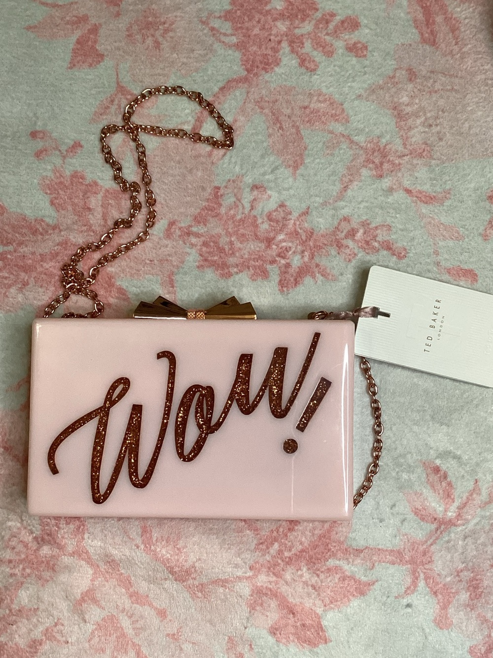 Ted Baker Pale Pink Glitter 'Wow!' Box Clutch with Rose-Gold Chain